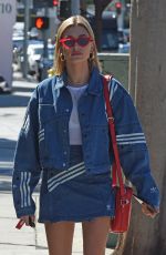 HAILEY BALDWIN in Adidas Denim Skirt at Zinque Cafe in West Hollywood 03/26/2018