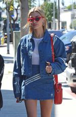 HAILEY BALDWIN in Adidas Denim Skirt at Zinque Cafe in West Hollywood 03/26/2018