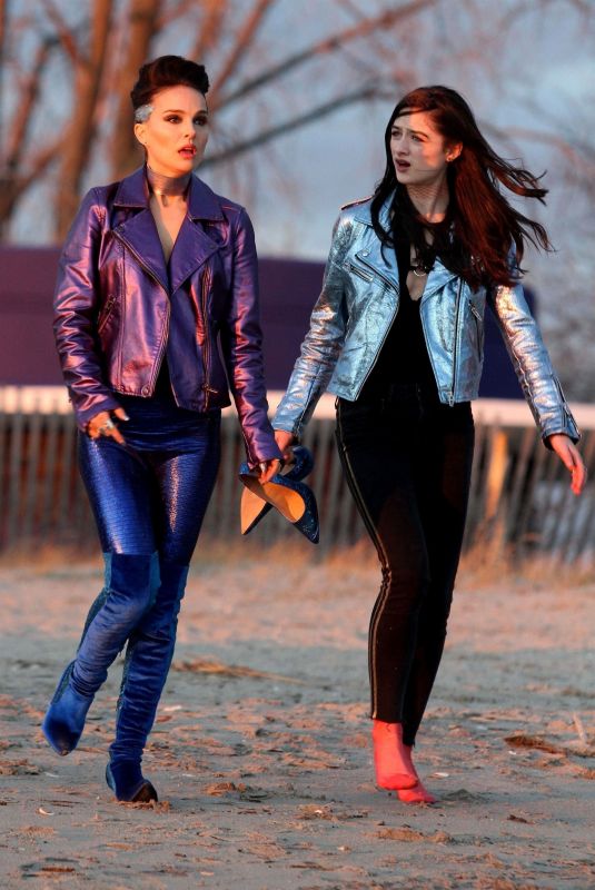 NATALIE PORTMAN and RAFFEY CASSIDY on the Set of Vox Lux at Plum Beach 03/05/2018
