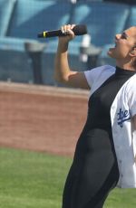 PIA TOSCANO Sings National Anthem at Dodgers Game in Los Angeles 03/29/2018