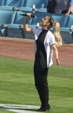 PIA TOSCANO Sings National Anthem at Dodgers Game in Los Angeles 03/29/2018