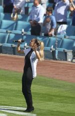 PIA TOSCANO Sings National Anthem at Dodgers Game in Los Angeles 03/29/2018