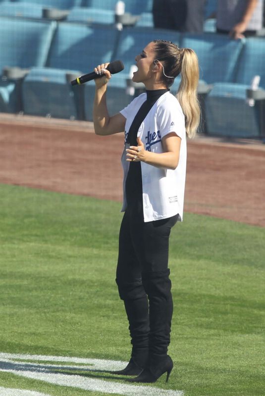 PIA TOSCANO Sings National Anthem at Dodgers Game in Los Angeles 03/29/2018