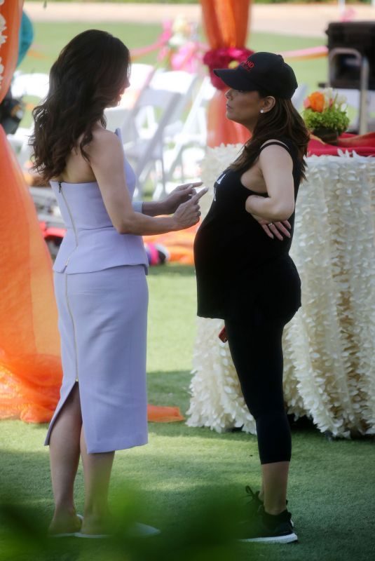 Pregnant EVA LONGORIA and ROSELYN SANCHEZ on the Set of Eva’s New Show Grand Hotel in Miami Beach 03/19/2018