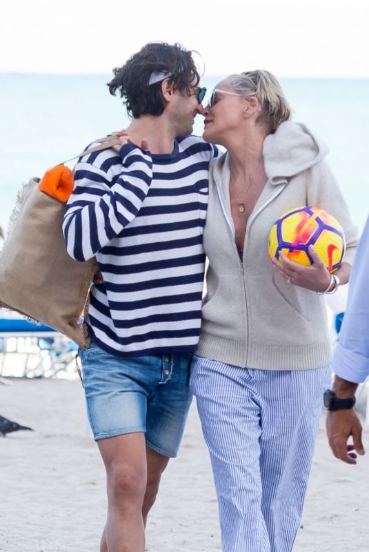 SHARON STONE and Angelo Boffa on the Beach in Miami 03/09/2018