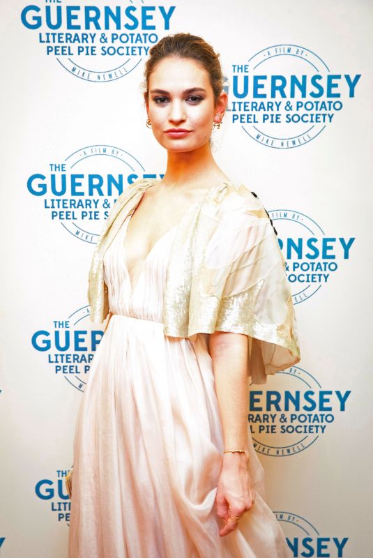 LILY JAMES at The Guernsey Literary and Potato Peel Pie Society Premiere in Guernsey 04/12/2018