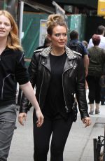 HILARY DUFF in Studded Leather Jacket on the Set of Younger in New York 05/23/2018