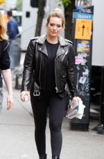 HILARY DUFF in Studded Leather Jacket on the Set of Younger in New York 05/23/2018