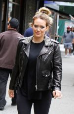 HILARY DUFF in Studded Leather Jacket on the Set of Younger in New York 05/23/2018