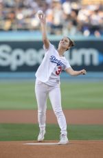 BILLIE LOURD Throws 1st Pitch at Dodger Stadium in Los Angeles 06/15/2018
