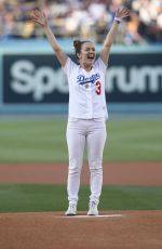 BILLIE LOURD Throws 1st Pitch at Dodger Stadium in Los Angeles 06/15/2018