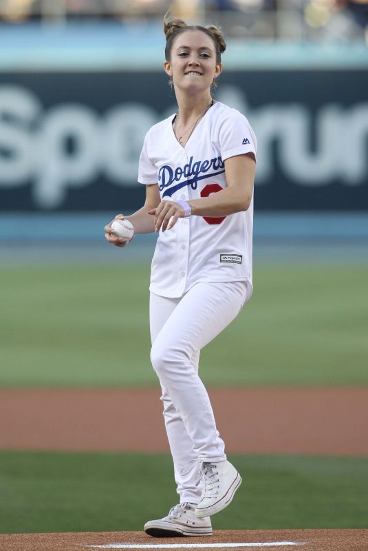 BILLIE LOURD Throws 1st Pitch at Dodger Stadium in Los Angeles 06/15/2018