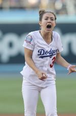 BILLIE LOURD Throws 1st Pitch at Dodger Stadium in Los Angeles 06/15/2018