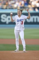 BILLIE LOURD Throws 1st Pitch at Dodger Stadium in Los Angeles 06/15/2018