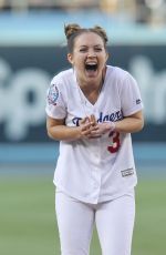 BILLIE LOURD Throws 1st Pitch at Dodger Stadium in Los Angeles 06/15/2018