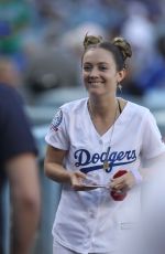 BILLIE LOURD Throws 1st Pitch at Dodger Stadium in Los Angeles 06/15/2018