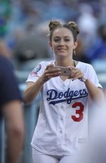 BILLIE LOURD Throws 1st Pitch at Dodger Stadium in Los Angeles 06/15/2018