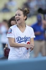 BILLIE LOURD Throws 1st Pitch at Dodger Stadium in Los Angeles 06/15/2018