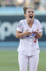 BILLIE LOURD Throws 1st Pitch at Dodger Stadium in Los Angeles 06/15/2018