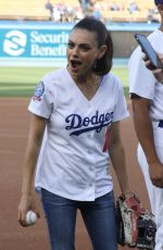 MILA KUNIS Throws Out First Pitch at Colorado Rockies vs Los Angeles Dodgers Game 06/29/2018