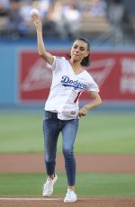 MILA KUNIS Throws Out First Pitch at Colorado Rockies vs Los Angeles Dodgers Game 06/29/2018