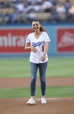 MILA KUNIS Throws Out First Pitch at Colorado Rockies vs Los Angeles Dodgers Game 06/29/2018