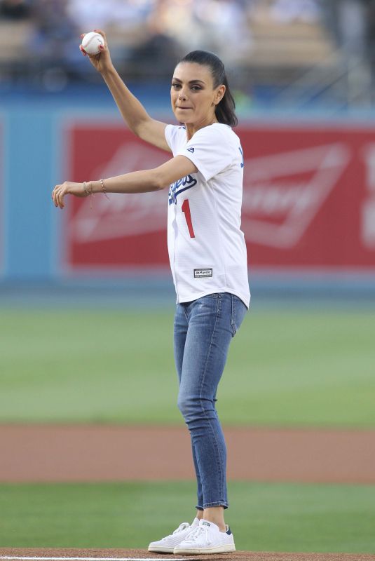 MILA KUNIS Throws Out First Pitch at Colorado Rockies vs Los Angeles Dodgers Game 06/29/2018