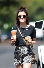 LUCY HALE in Shorts at Starbucks in Studio City 07/19/2018