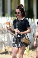LUCY HALE in Shorts at Starbucks in Studio City 07/19/2018
