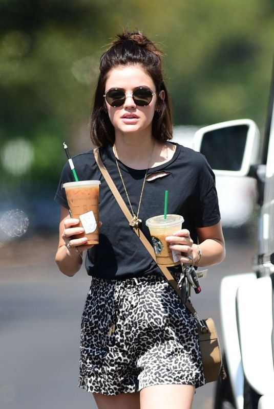LUCY HALE in Shorts at Starbucks in Studio City 07/19/2018