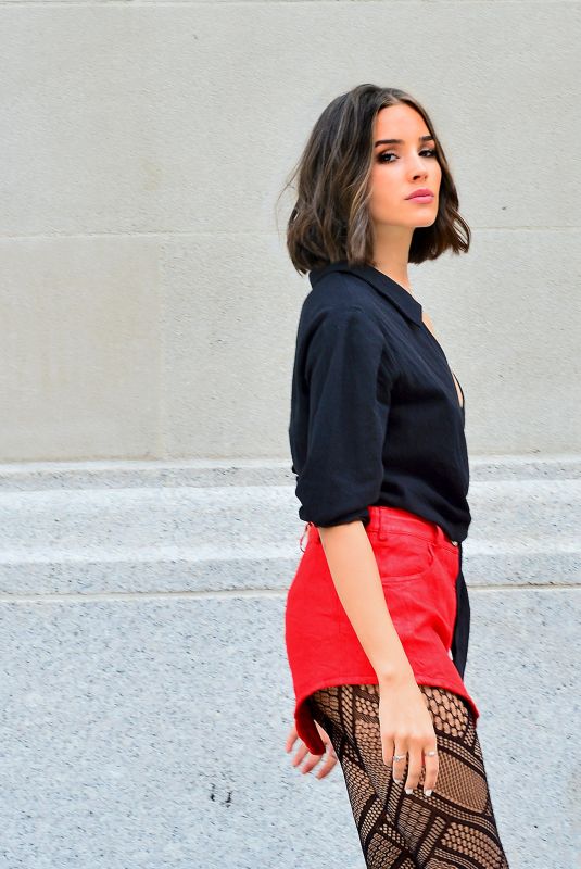OLIVIA CULPO in Fishnet Tights and Red Shorts at a Photoshoot in New York 07/24/2018
