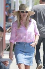REESE WITHERSPOON in Denim Skirt Out in Brentwood 07/19/2018