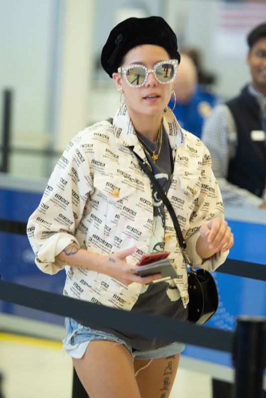 HALSEY in Denim Cutoff at JFK Airport in New York 08/23/2018