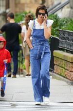 KATIE HOLMES in Denim Overalls Out in New York 08/13/2018