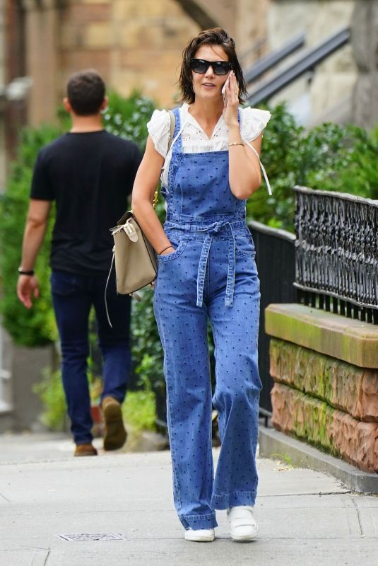 KATIE HOLMES in Denim Overalls Out in New York 08/13/2018