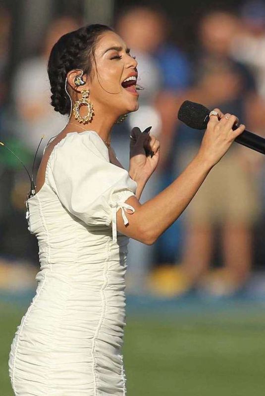 VANESSA HUDGENS Sings National Anthem at Rams vs Vikings Game 09/27/2018