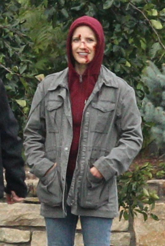 JESSICA CHASTAIN on the Set of Eve in Boston 10/05/2018