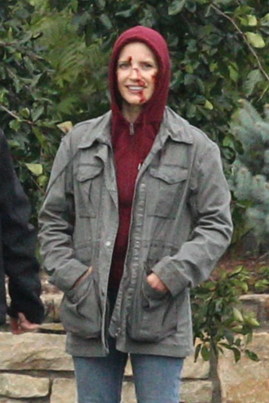 JESSICA CHASTAIN on the Set of Eve in Boston 10/05/2018