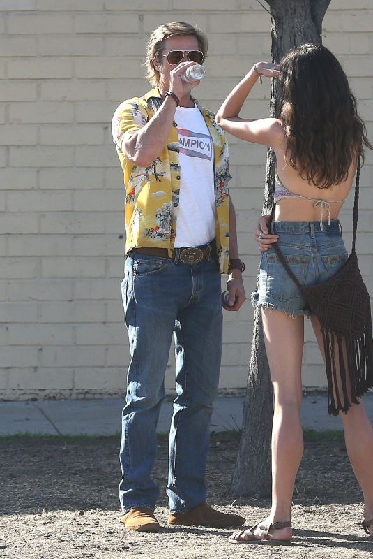 MARGARET QUALLEY and Brad Pitt on the Set of Once Upon a Time in Hollywood in Los Angeles 10/31/2018