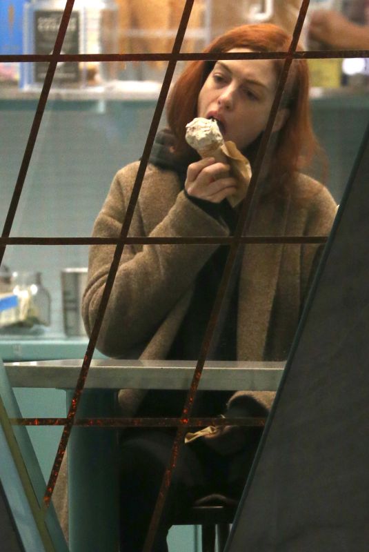 ANNE HATHAWAY Licks Ice Cream on the Set of Modern Love in New York 11/28/2018