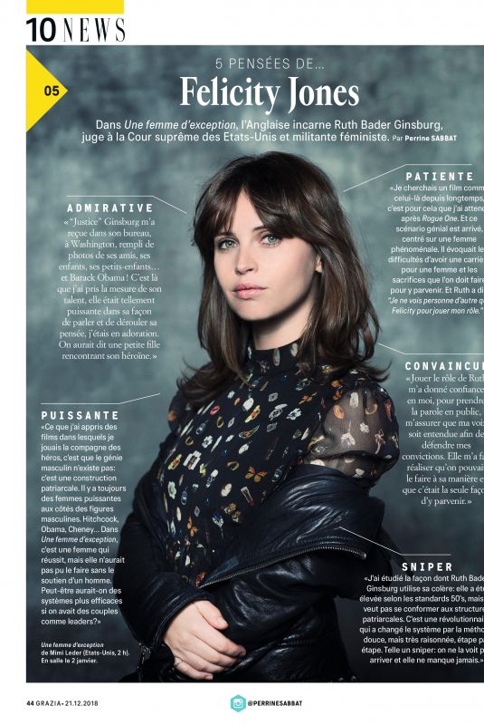 FELICITY JONES in Grazia Magazine, France December 2018