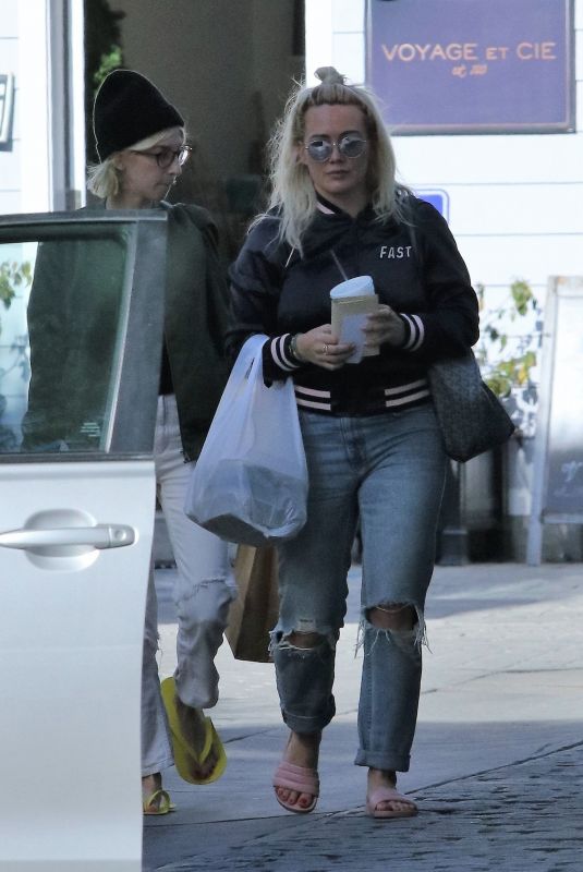 HILARY DUFF in Ripped Denim Out for Coffee in Studio City 12/18/2018