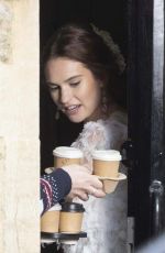 LILY JAMES on the Set of Four Weddings and A Funeral in London 12/14/2018