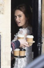 LILY JAMES on the Set of Four Weddings and A Funeral in London 12/14/2018