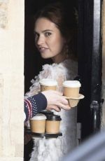 LILY JAMES on the Set of Four Weddings and A Funeral in London 12/14/2018