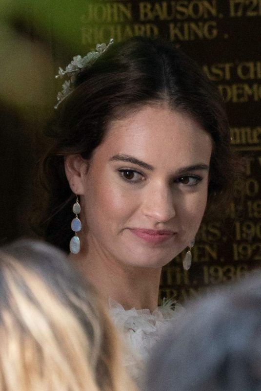 LILY JAMES on the Set of Four Weddings and A Funeral in London 12/14/2018
