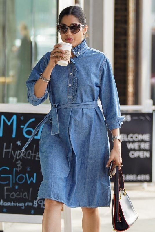FREIDA PINTO in a Denim Dress Out in Los Angeles 01/11/2019