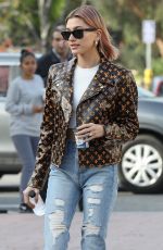 HAILEY BIEBER in Louis Vuttion Jacket at Alfred Cofee in Brentwood 01/18/2019