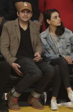 MILA KUNIS and Ashton Kutcher at LA Lakers vs Philadelphia 76