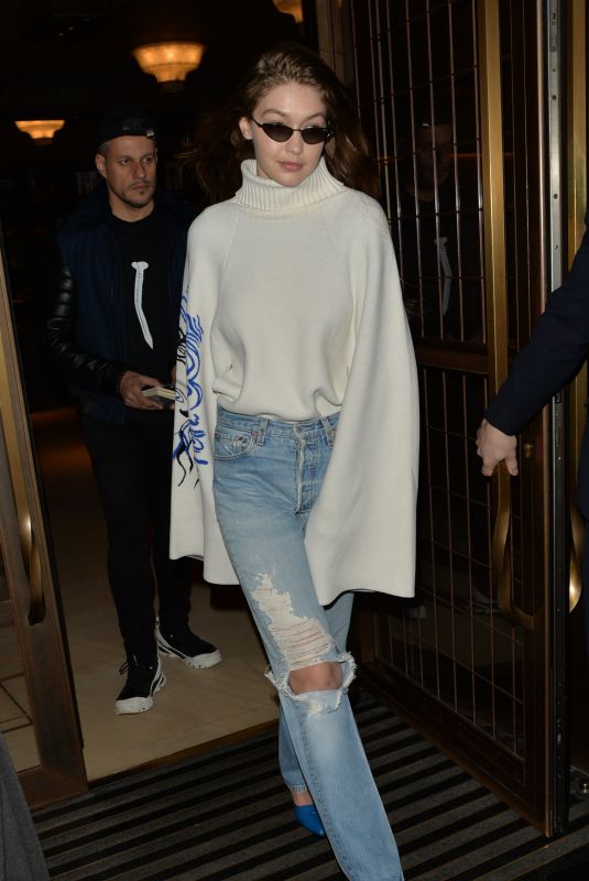 GIGI HADID in Ripped Denim Out in London 02/16/2019